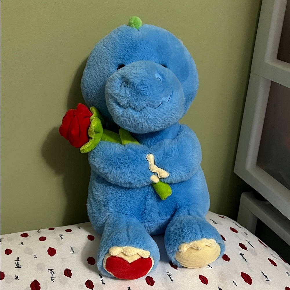 Blue Dinosaur Plush Toy with Red Rose